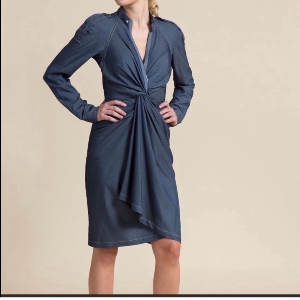 🆕 Byron Lars Beauty Mark Navy Denim Twist Front Long-Sleeve Dress